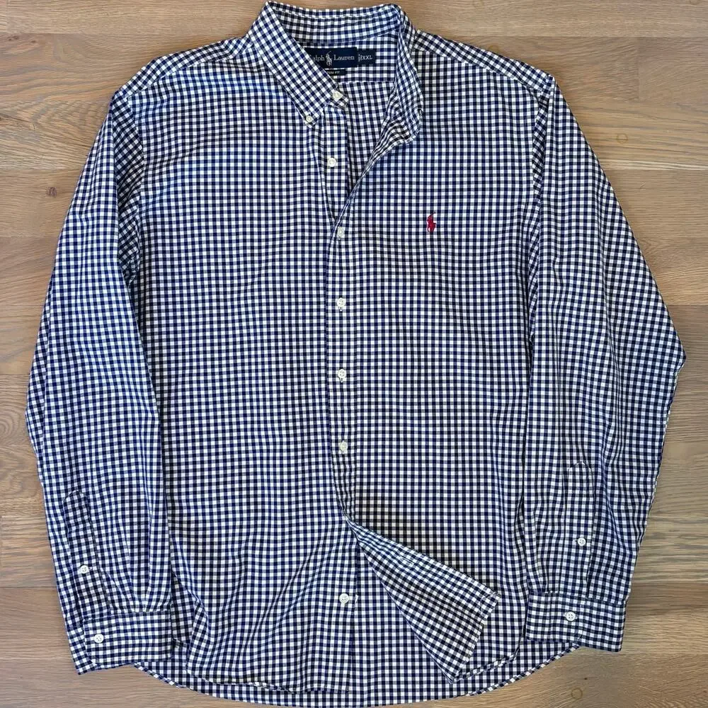 Ralph Lauren Custom Fit Gingham Shirt Button Down Navy White Mens Size XXL - Picture 6 of 9